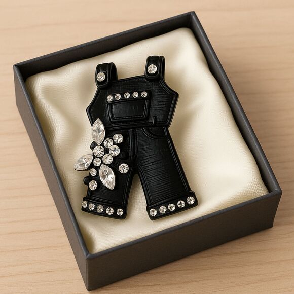 Black Overalls Brooch Pin Metal Crystal Clear Rhinestones Bling Fashion RARE - Picture 1 of 6